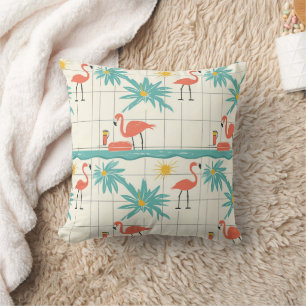 Coussin Motif Estival Rétro Flamingo au Bord de la Piscine