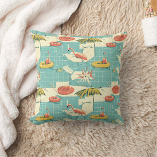 Coussin Motif Estival Rétro Flamingo au Bord de la Piscine