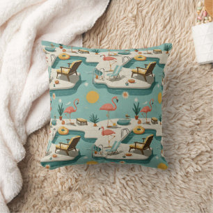 Coussin Motif Estival Rétro Flamingo au Bord de la Piscine
