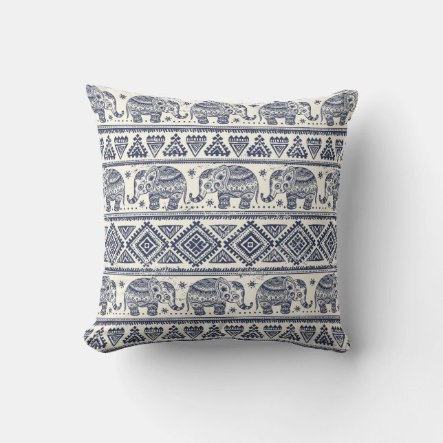 Coussin Motif ethnique bleu d'éléphant (Recto)