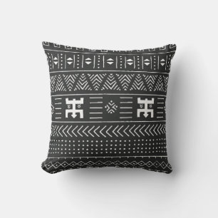 Coussin Motif ethnique tribal noir et blanc avec géométrie
