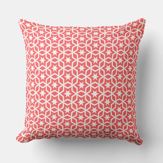 Coussin Motif étoile corail et treillis blanc (Recto)