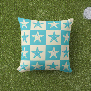 Coussin Motif étoile de mer bleue et blanche à carreaux