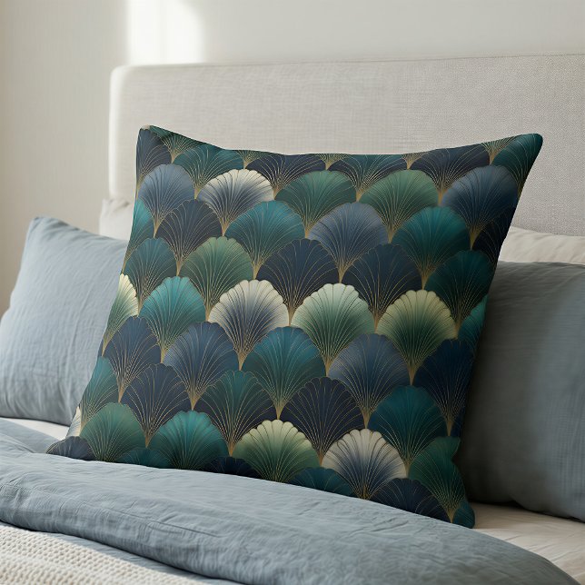 Coussin Motif éventail Art déco bleu vert, marine et or (Créateur téléchargé)