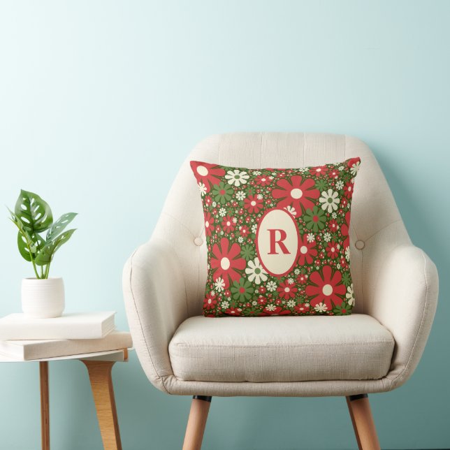 Coussin Motif fantaisie florale de Noël rétro avec initial (Chaise)
