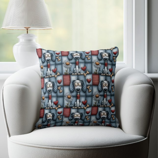 Coussin Motif fantaisiste de chien en patchwork bleu (Créateur téléchargé)