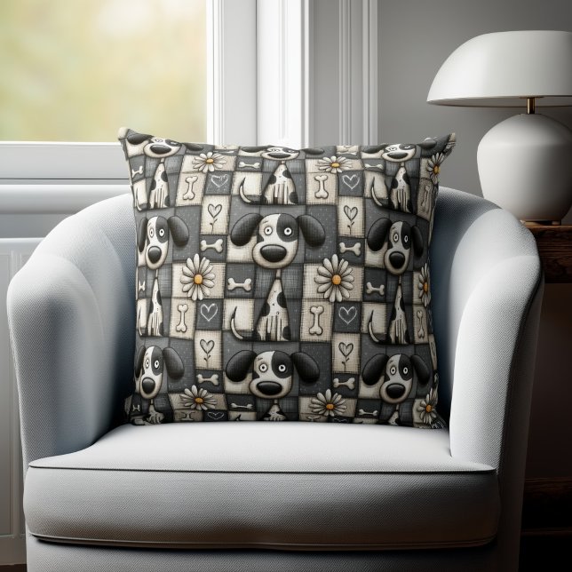 Coussin Motif fantaisiste de chien en patchwork noir et bl (Créateur téléchargé)