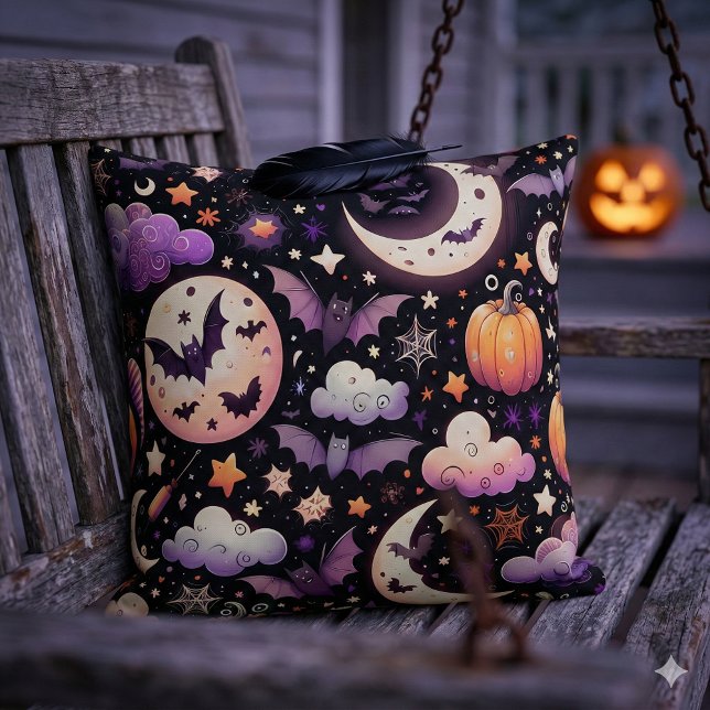 Coussin Motif fantaisiste de ciel de nuit d'Halloween (Whimsical Halloween Night Sky Pattern Throw Pillow Mockup B)