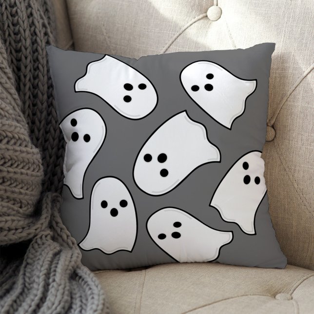 Coussin Motif fantôme blanc mignon gris Halloween (Créateur téléchargé)