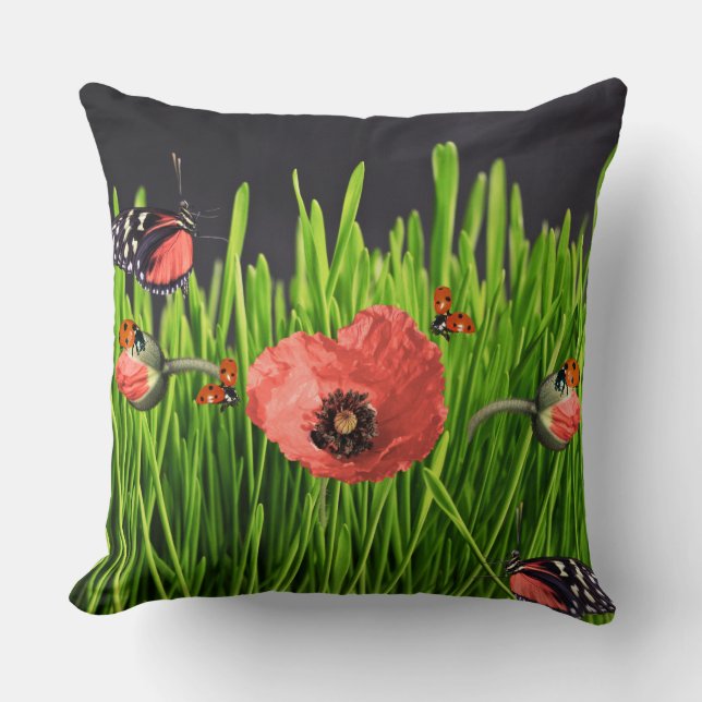 Coussin Motif faune et flore de prairie de coquelicot roug (Recto)