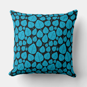 Coussin Motif feuille 02 - bleu ciel sur noir