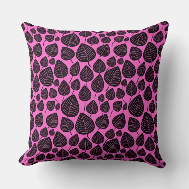 Coussin Motif feuille 02 - Noir sur rose profond (Recto)