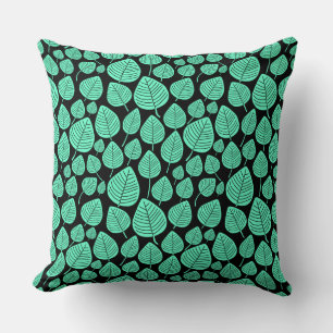 Coussin Motif feuille 02 - Turquoise sur noir