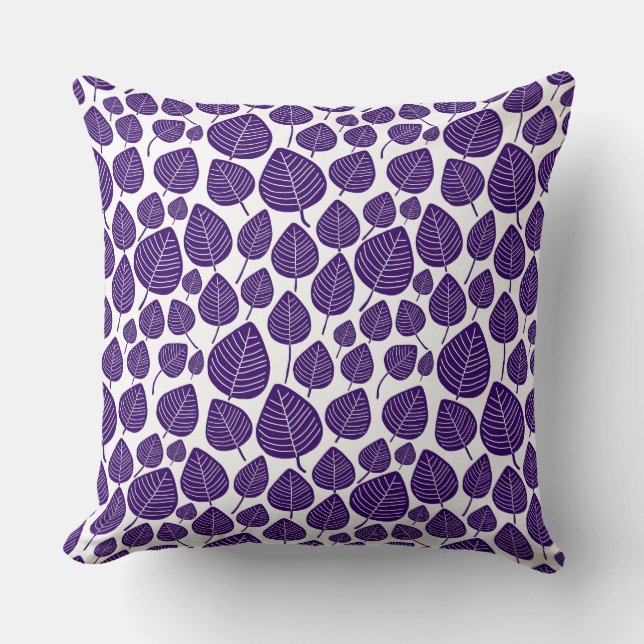Coussin Motif feuille 02 - Violet profond sur blanc (Recto)