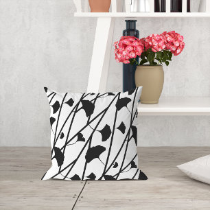 Coussin Motif Feuille Black and White Ginkgo