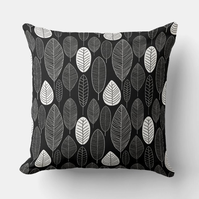 Coussin Motif feuille - blanc sur noir (Recto)