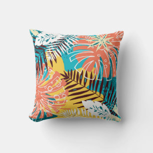 Coussin Motif feuille de la jungle tropicale colorée.