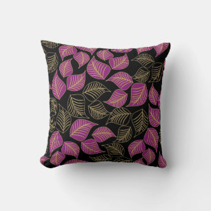 Coussin Motif feuille large en or violet sur noir