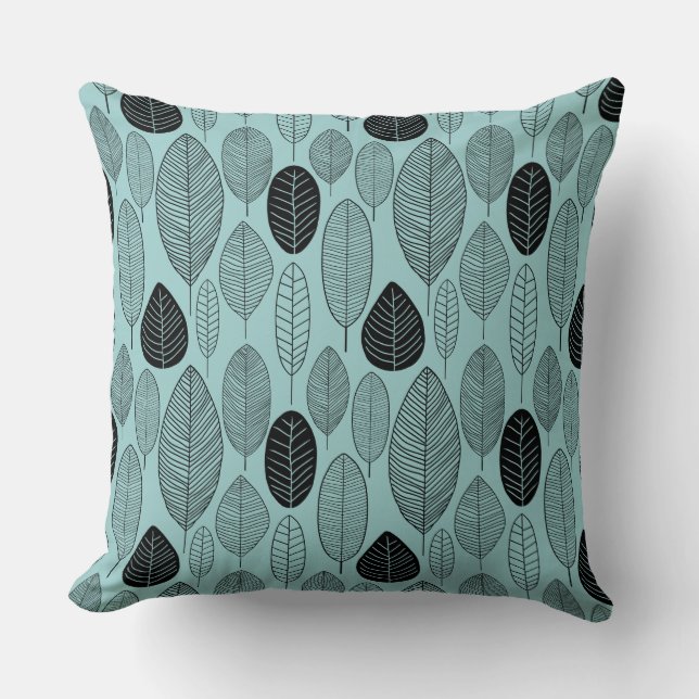 Coussin Motif feuille - noir sur bleu clair vert (Recto)