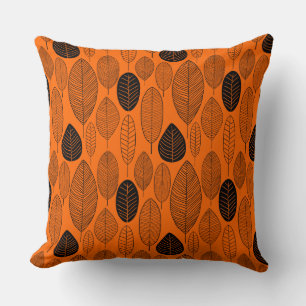 Coussin Motif feuille - Noir sur orange