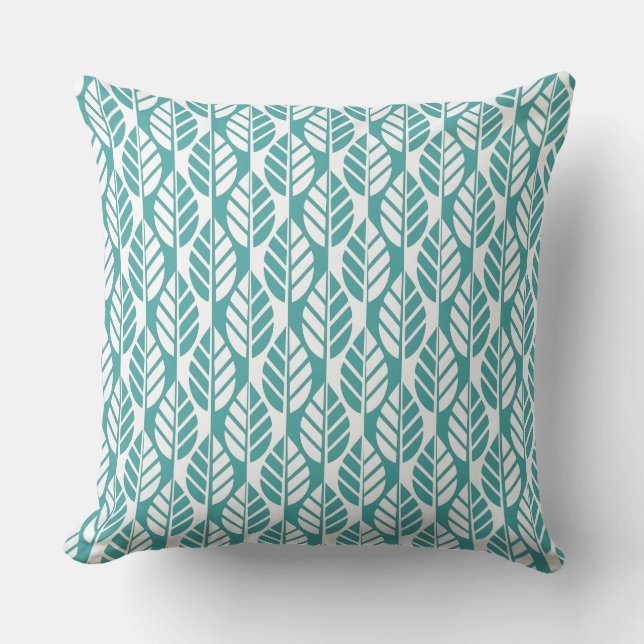 Coussin Motif Feuille Turquoise et Blanc (Recto)