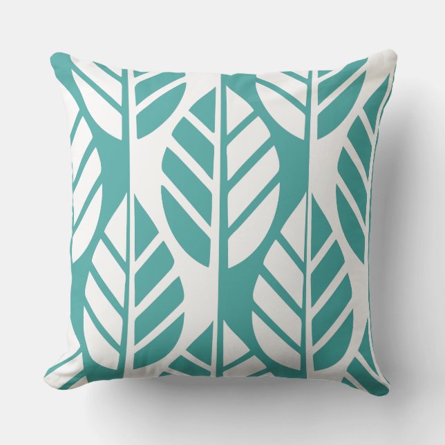 Coussin Motif Feuille Turquoise et Blanc (Recto)