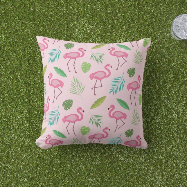 Coussin Motif Flamant Rose avec feuilles tropicales  (Herbe)