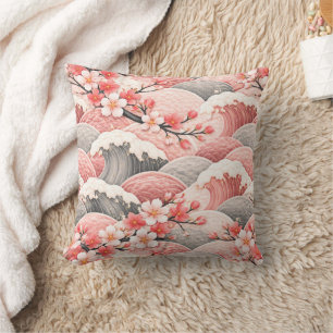 Coussin Motif Fleur de Cerisier Vague Japonaise Corail Ros
