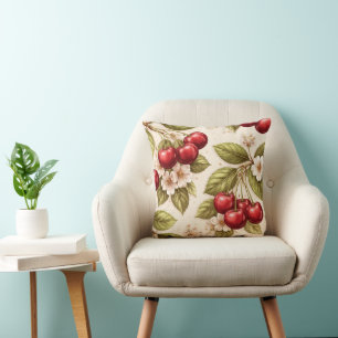 Coussin Motif Fleur de Cerisier Vintage Cerises Rouges