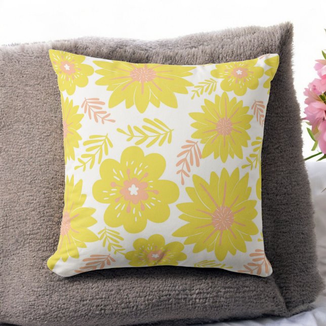 Coussin Motif Fleur de Pêche Jaune Vintage Retro (Créateur téléchargé)