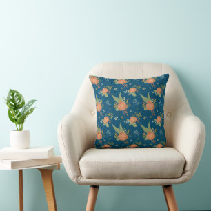 Coussin Motif Fleur de Pêche Vintage Bleu Foncé
