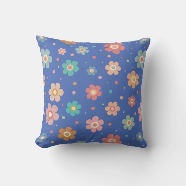 Coussin Motif Fleur Multicolore Migné Sur Bleu (Recto)