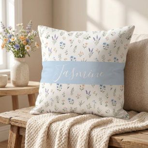 Coussin Motif Fleur Sauvage Monogramme Nom Personnalisé Bl