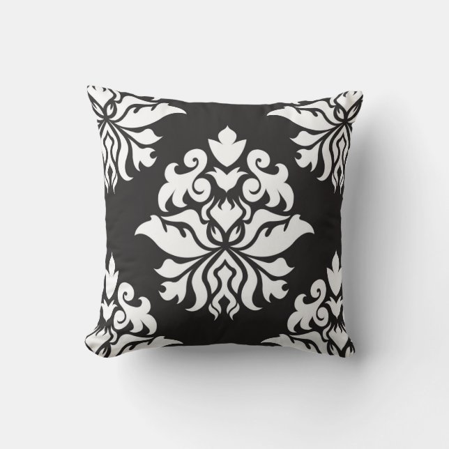 Coussin Motif fleuri de répétition de damassé - blanc sur (Recto)