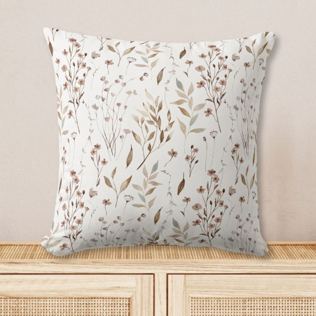 Coussin Motif Fleurs Feuilles Brun Bohème Rustique (In situ)