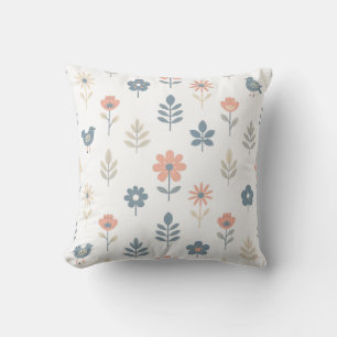 Coussin Motif Fleurs Oiseaux Folk Scandinave
