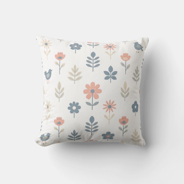 Coussin Motif Fleurs Oiseaux Folk Scandinave (Recto)