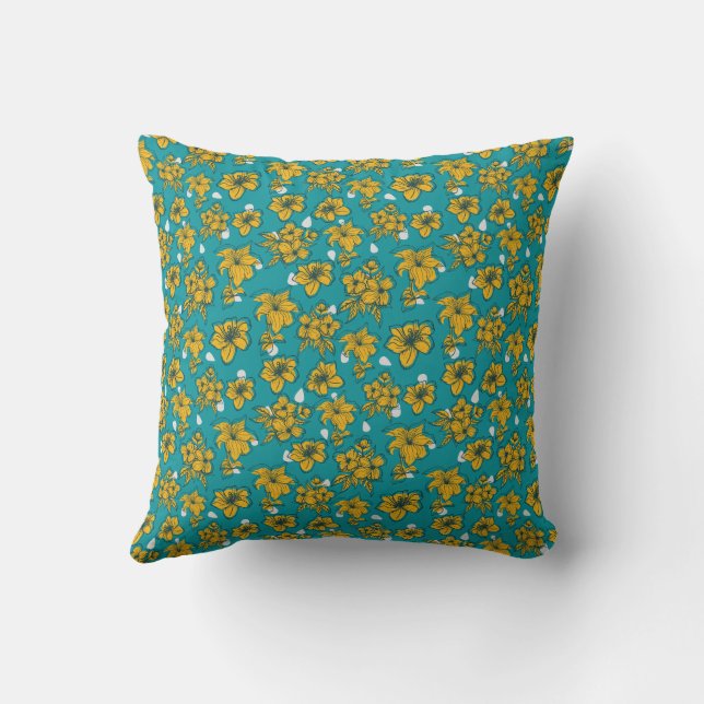 Coussin Motif Fleurs Turquoises jaunes (Verso)