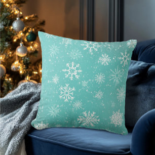Coussin Motif Flocons de Neige Bleu Turquoise Doux Gel Hiv