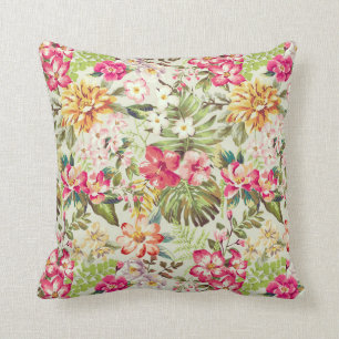 Coussin Motif floral à la crème, rose et vert