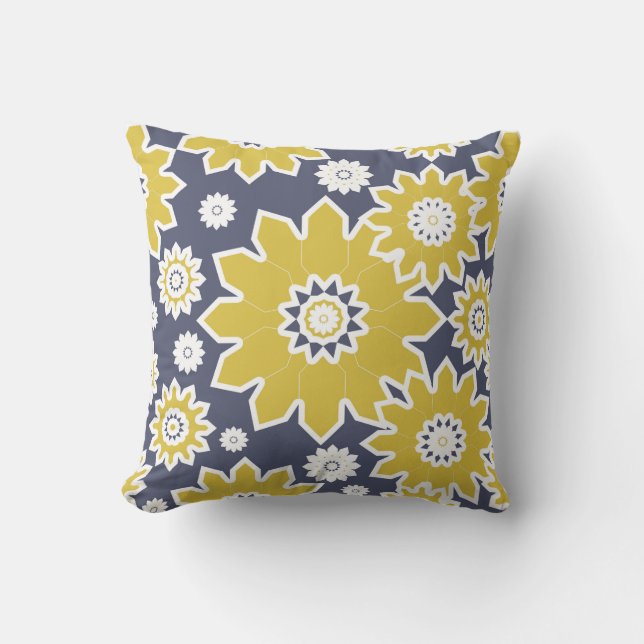 Coussin motif floral Abstrait, jaune, blanc, bleu (Recto)