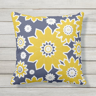 Coussin motif floral Abstrait, jaune, blanc, bleu