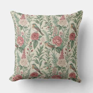 Coussin Motif floral anglais vintage oiseau et rose de jar