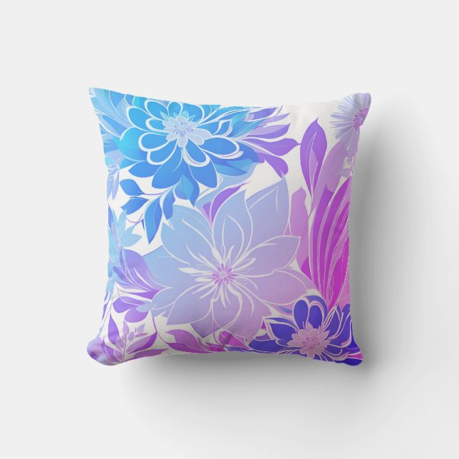 Coussin Motif Floral, Aqua, Bleu, Violet, Rose (Recto)