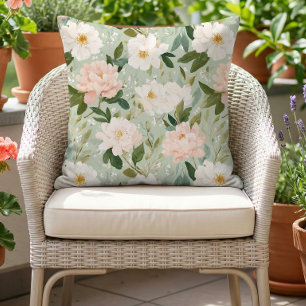 Coussin Motif floral aquarelle rose poudré vert sauge