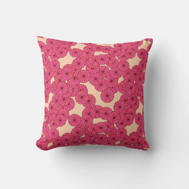 Coussin Motif floral Art Déco - rose profond et pêche (Recto)