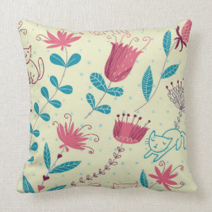 Coussin Motif floral avec des chats de bande dessinée