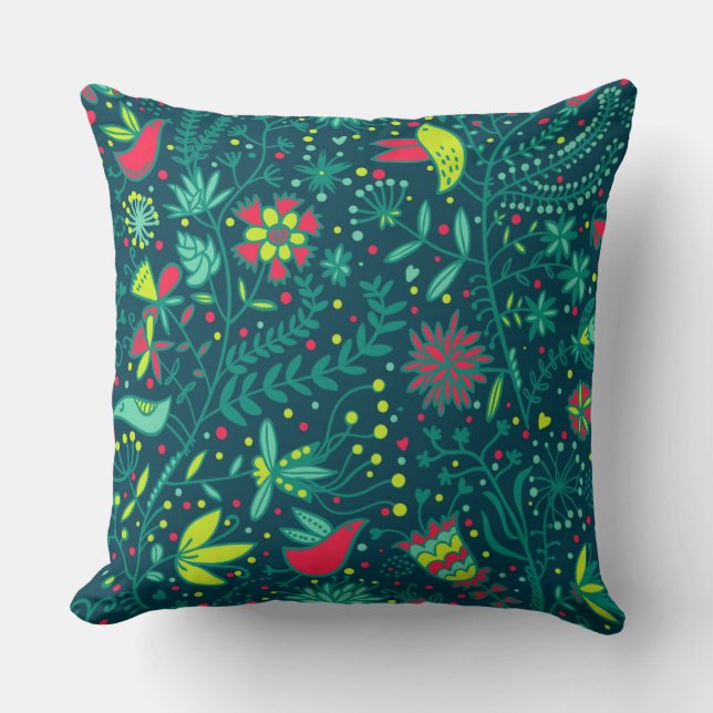 Coussin Motif floral avec des oiseaux de bande dessinée (Recto)