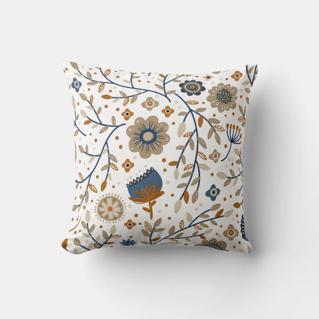 Coussin Motif floral avec fleurs bleues et oranges  (Recto)