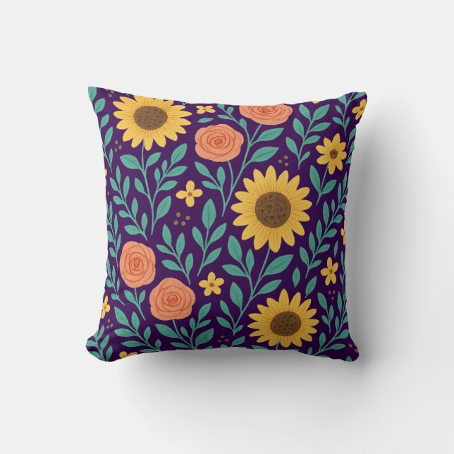 Coussin Motif floral avec fond violet foncé (Recto)